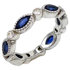 14K White Gold Marquis Shaped Sapphire and Diamond Eternity Ring