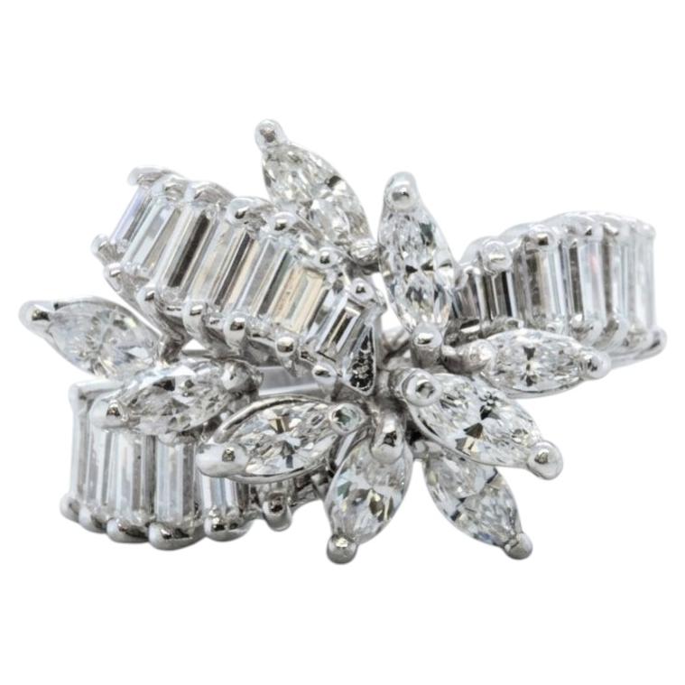 14K White Gold Marquise and Baguette Diamond Cocktail Ring Floral Design For Sale