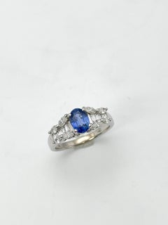 14k White Gold Marquise/Baguette Diamond and Blue Oval Sapphire Ring