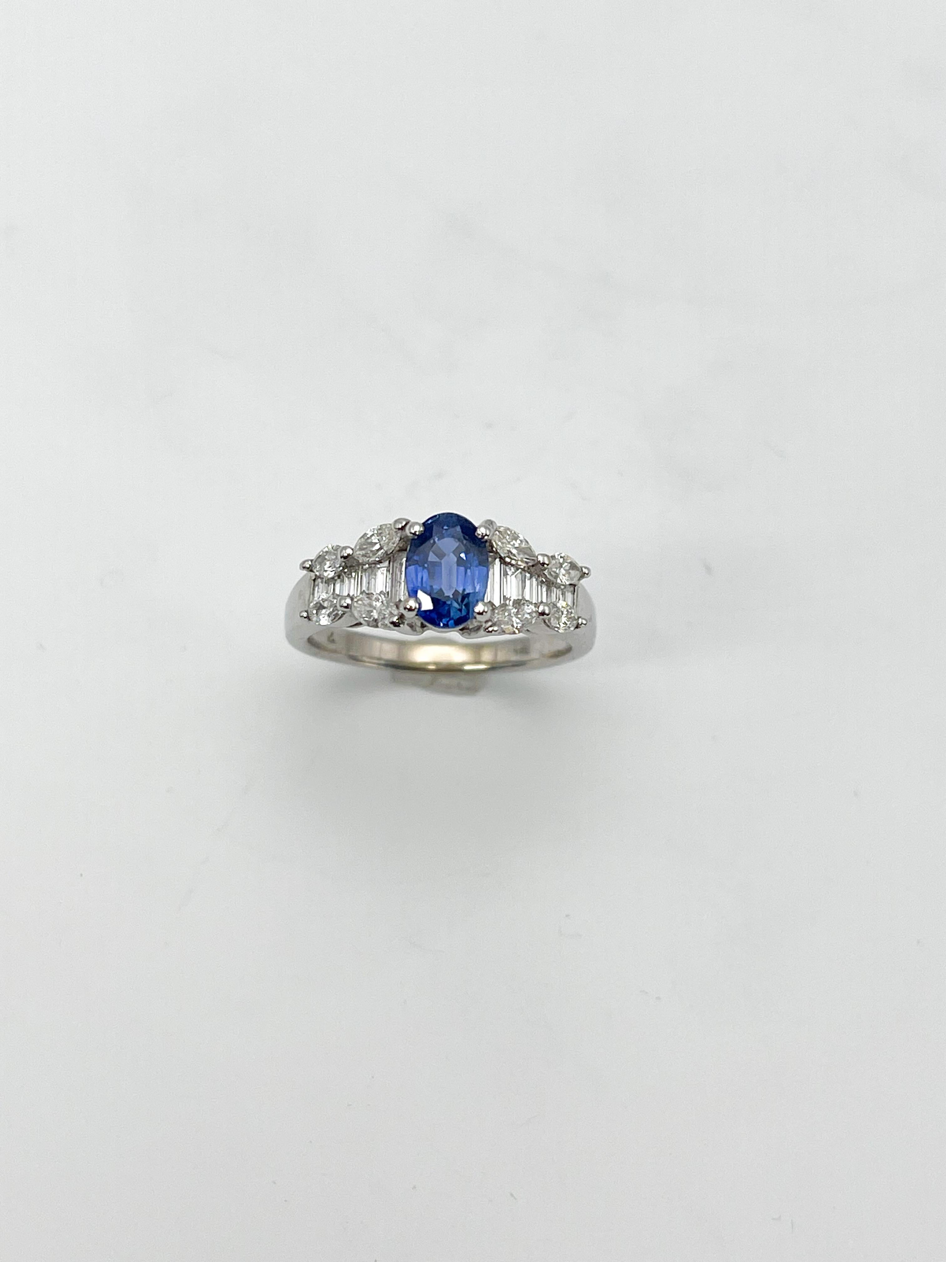 Oval Cut 14k White Gold Marquise/Baguette Diamond and Blue Oval Sapphire Ring For Sale