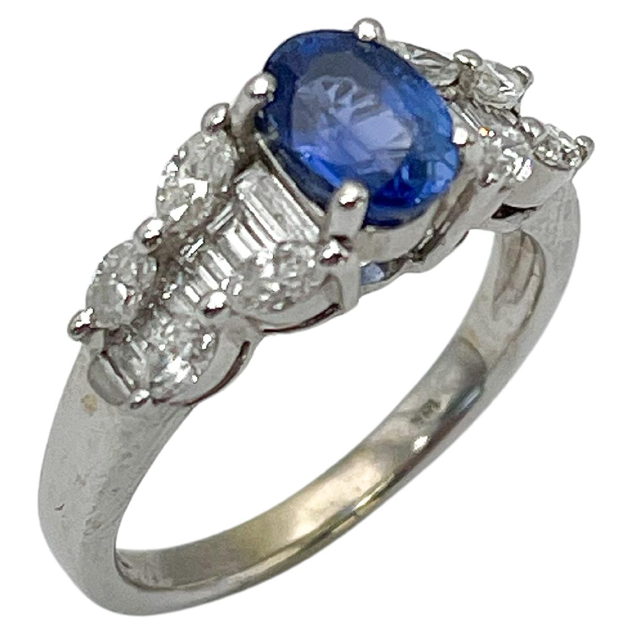 14k White Gold Marquise/Baguette Diamond and Blue Oval Sapphire Ring For Sale