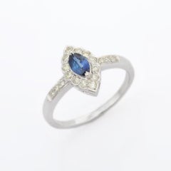 14K White Gold Marquise Blue Sapphire & Diamond Engagement Ring Fine Jewelry