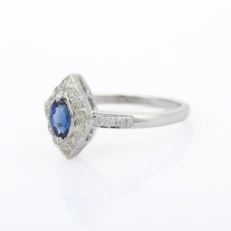 En vente :  Bague de fiançailles en or blanc 14K Marquise saphir bleu et diamant Bijoux fins 7