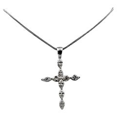 14k White Gold Marquise Diamond Cross Pendant with 15" Necklace.