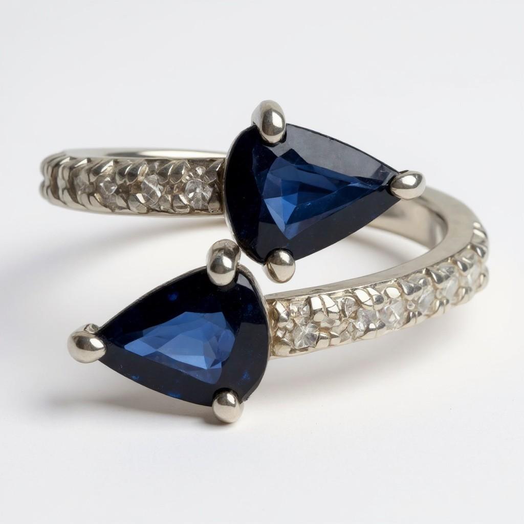 Pear Cut 14K White Gold Matched 2 Pear-Shaped Sapphire and Diamond Cross Ring For Sale