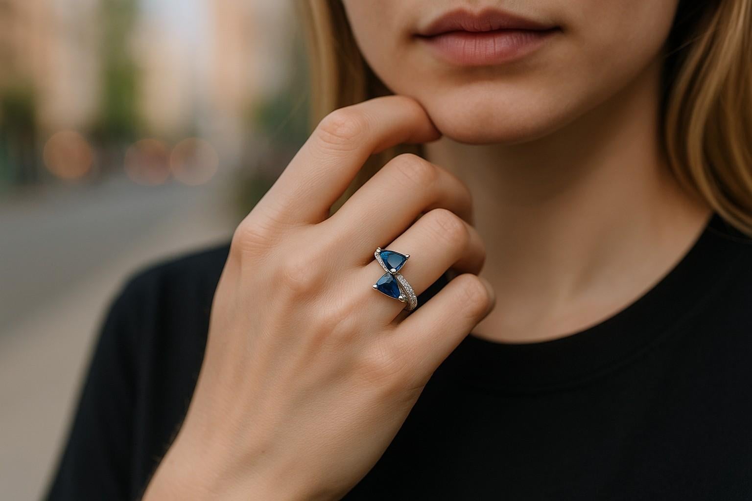 14K White Gold Matched 2 Pear-Shaped Sapphire and Diamond Cross Ring In New Condition For Sale In New York, NY
