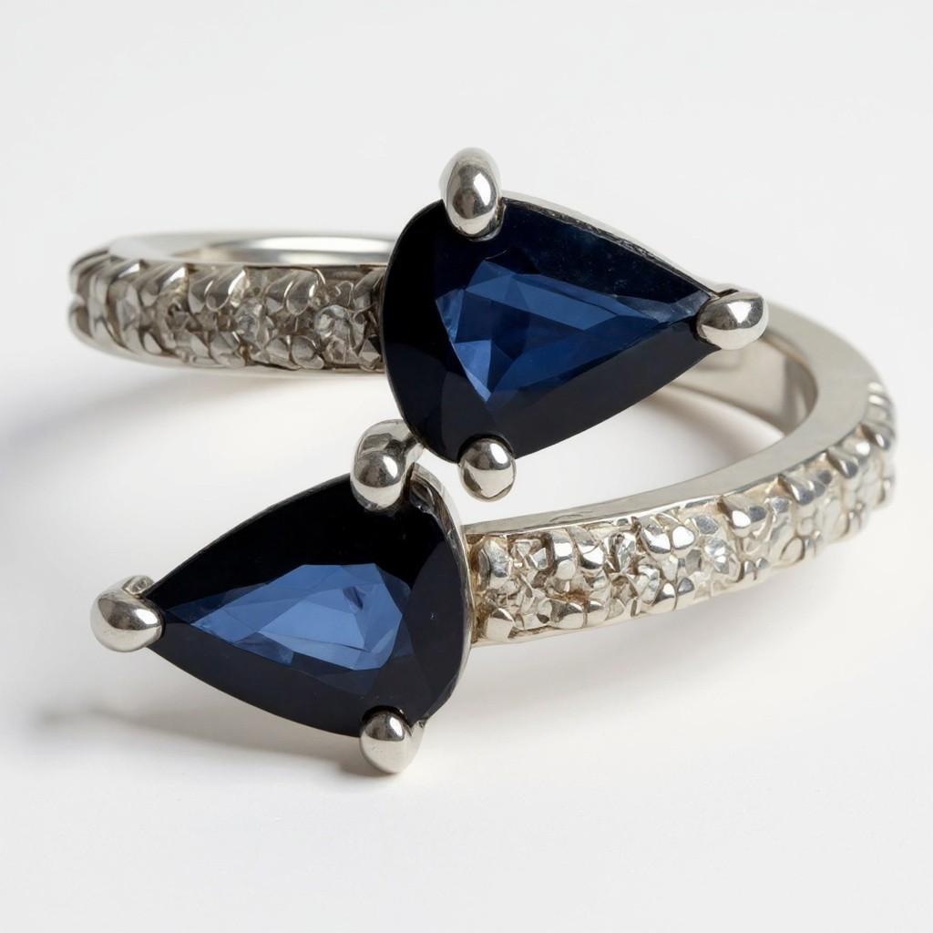 14K White Gold Matched 2 Pear-Shaped Sapphire and Diamond Cross Ring For Sale 1
