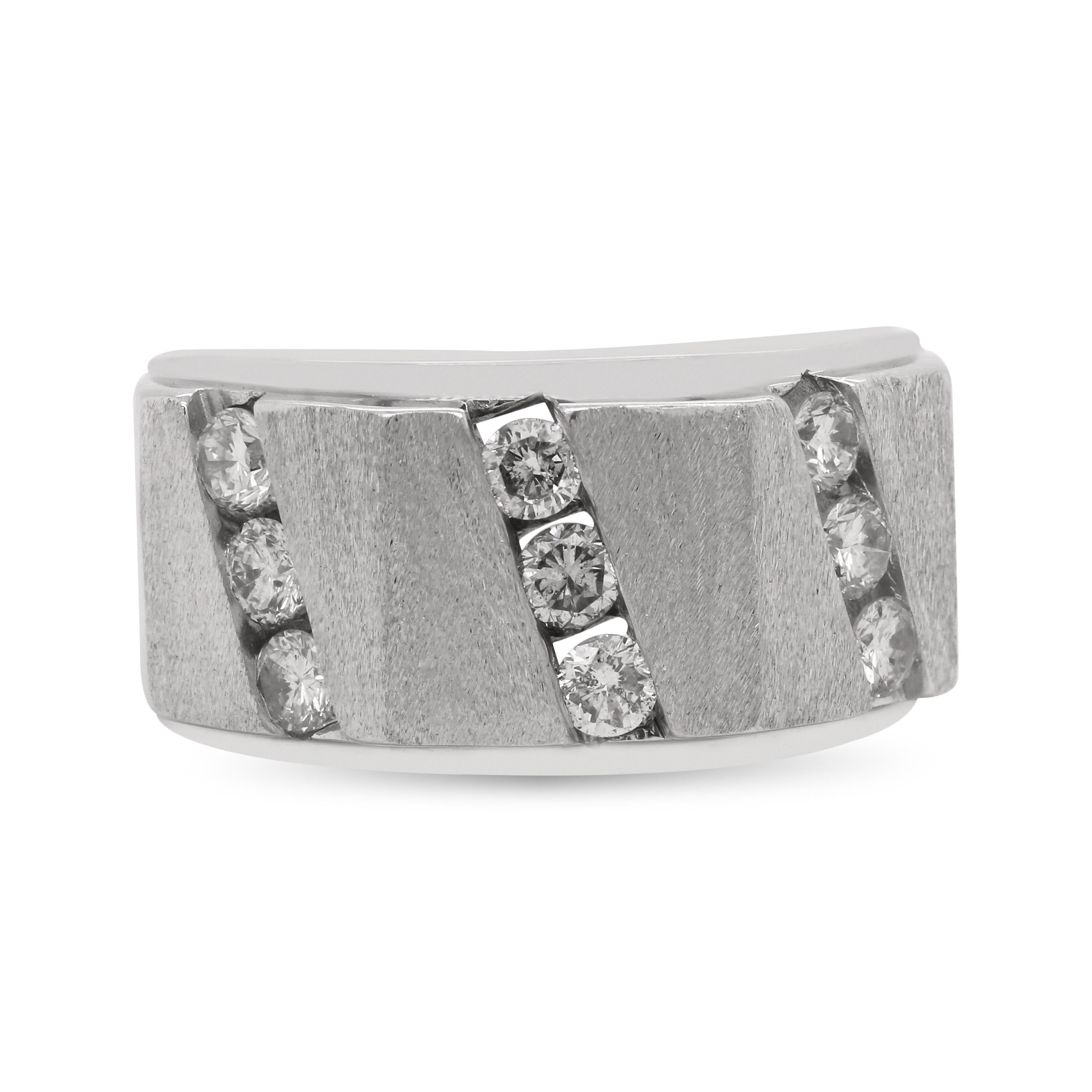 14K White Gold Matte Finish and Diamond Mens Ring

This simple, yet elegant mens ring features three rows of diamonds with a matte, brushed finishing along with high-polished shiny finishing on the edges.

Apprx. 1 carat diamonds total weight

Ring