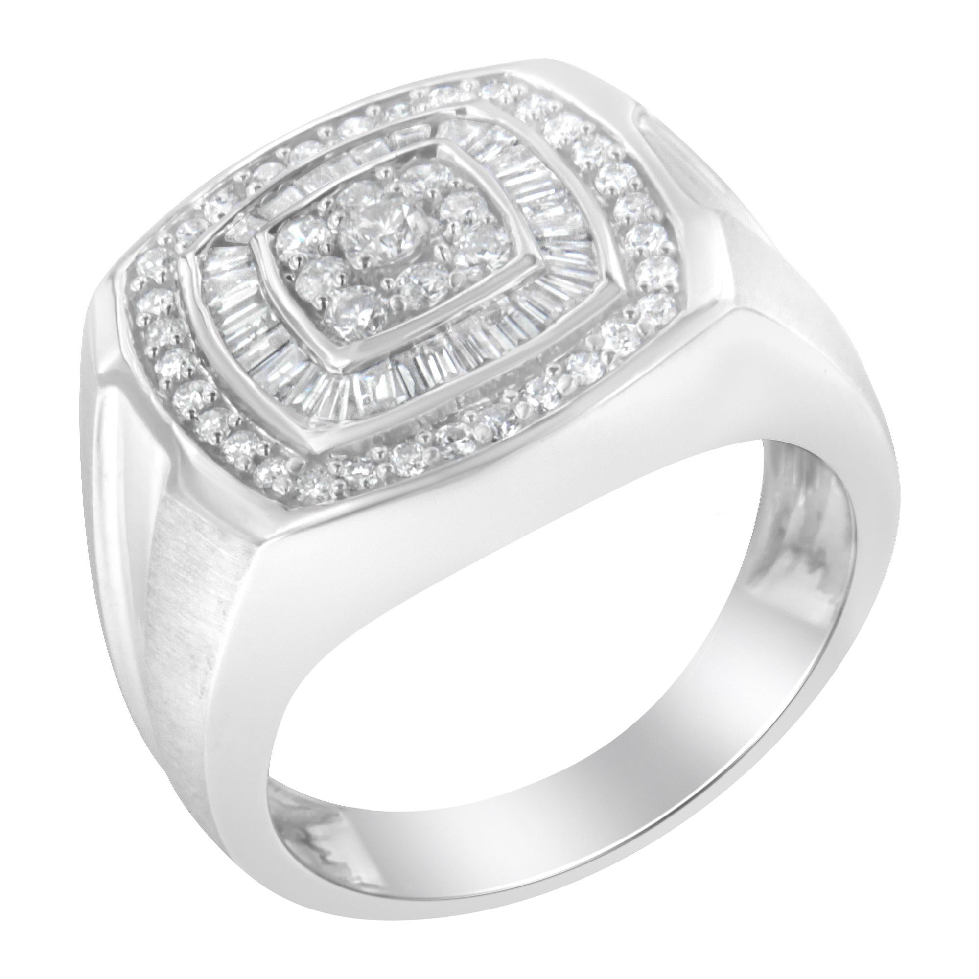 Vividly created from 14-karat white gold, this men's diamond band is stylish and classic. The top of the elegant ring features a rounded square design. The center flaunts nine round cut diamonds that are prong set into the square pattern. Further,