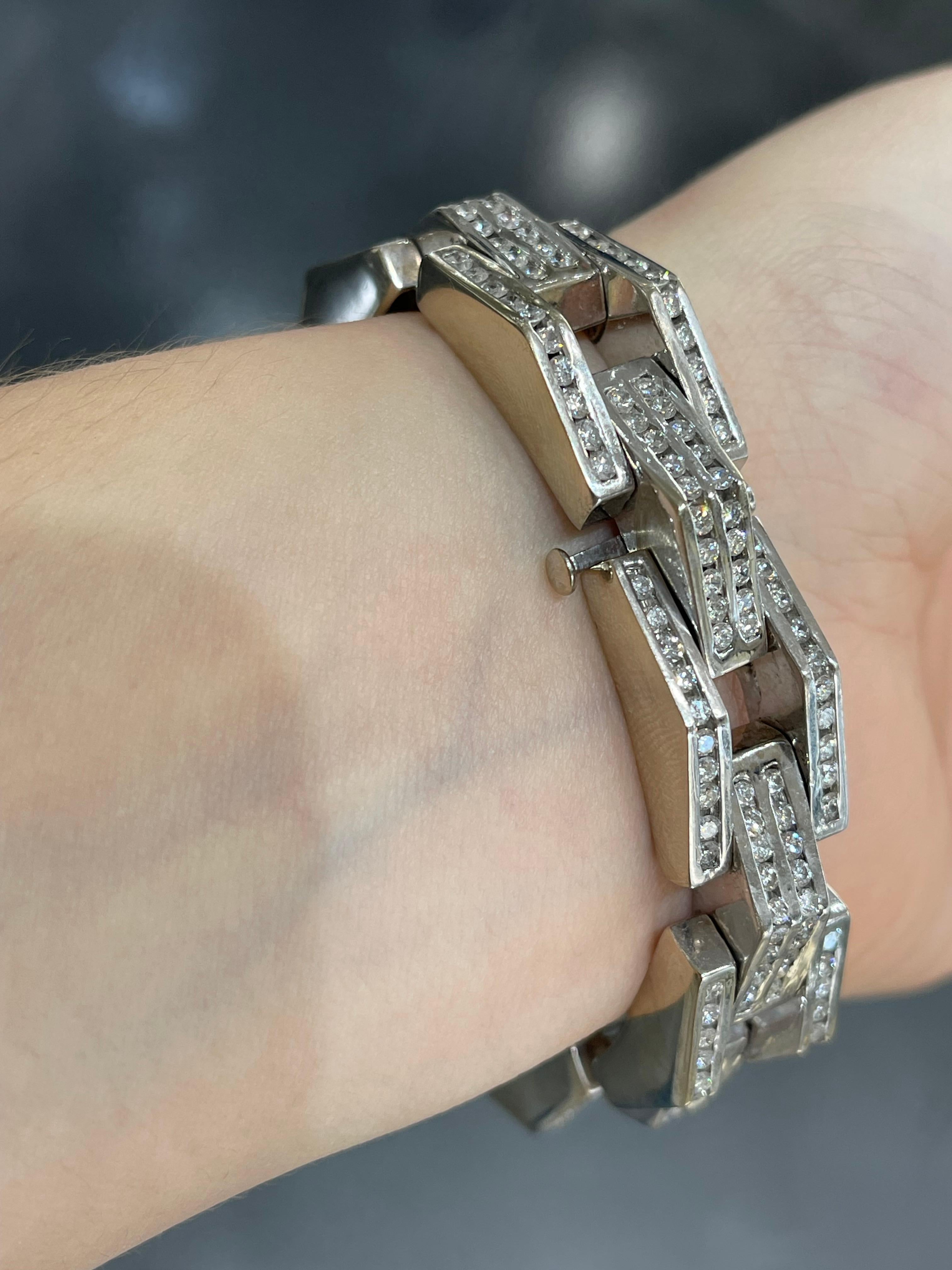 14K White Gold Men's 5 CTW Diamond Fancy Link Bracelet For Sale 2