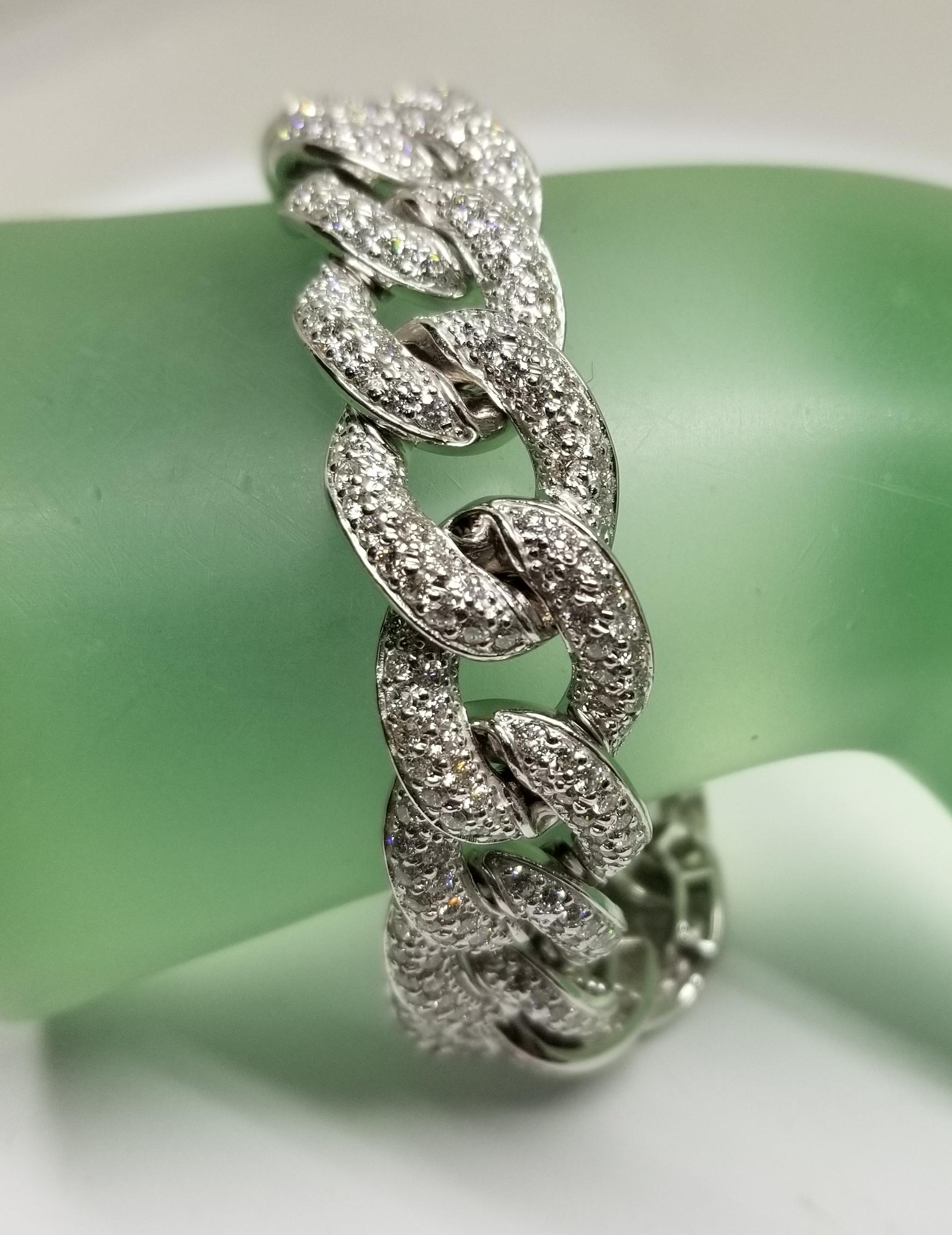 Women's or Men's 14 Karat White Gold Men's Large Diamond Pave Link Bracelet For Sale