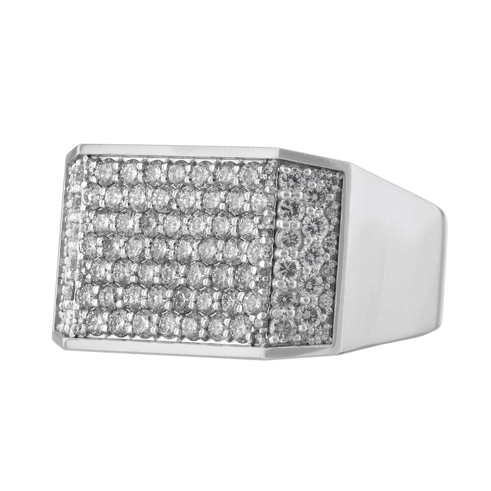 This men’s ring is 14K white gold and features 160 round cut diamonds. All stones are pave set and weigh 1.90 carats combined. The ring has a color grade of (G) and a clarity grade of (VS2).