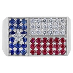 14K White Gold Men's Pave' Texas Flag Men’s Ring, Blue Sapphire, Ruby, Diamond