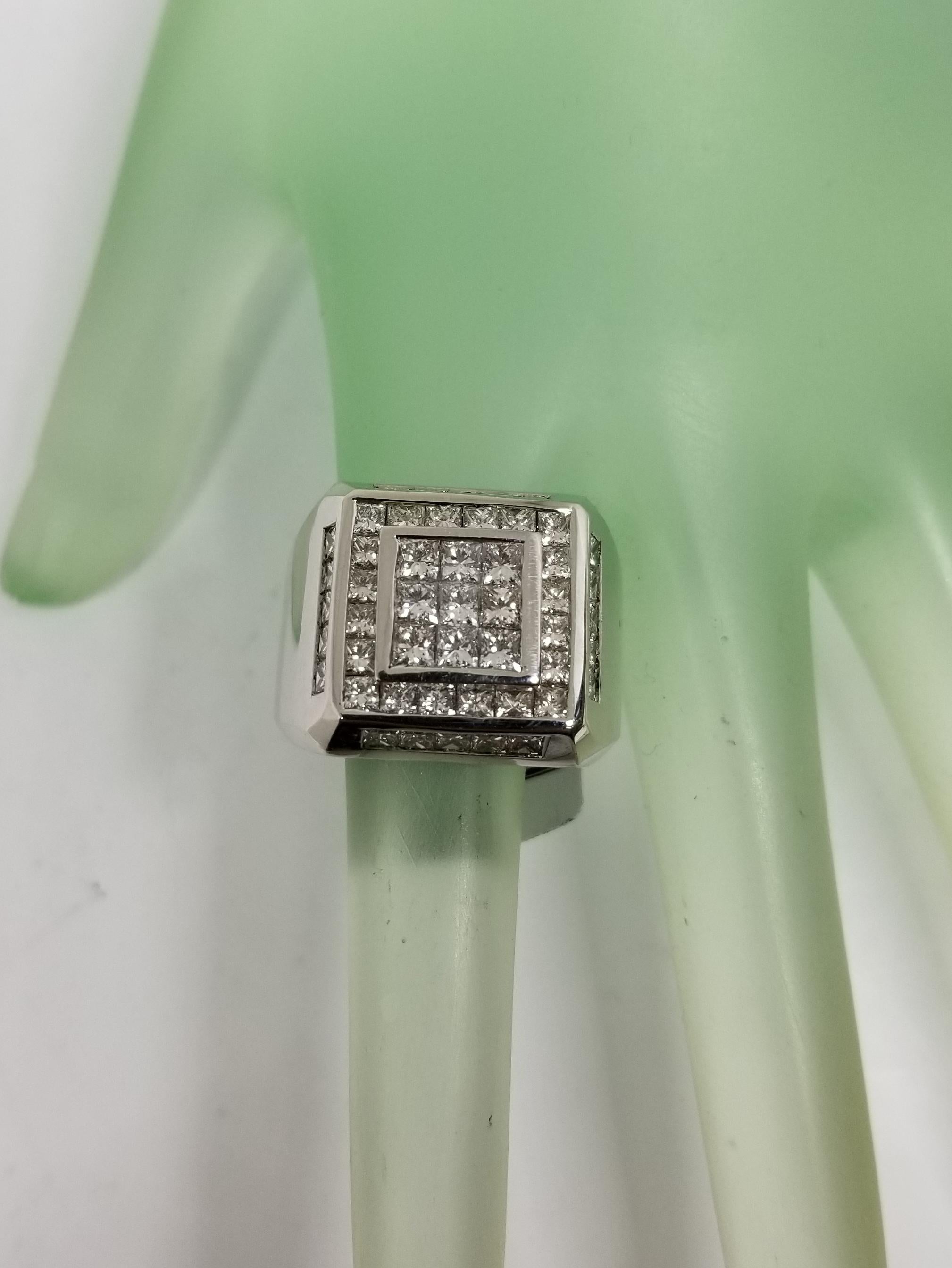 14 Karat White Gold Men’s Princess Cut Diamond Channel Set Ring with 4.07 Carat In New Condition In Los Angeles, CA