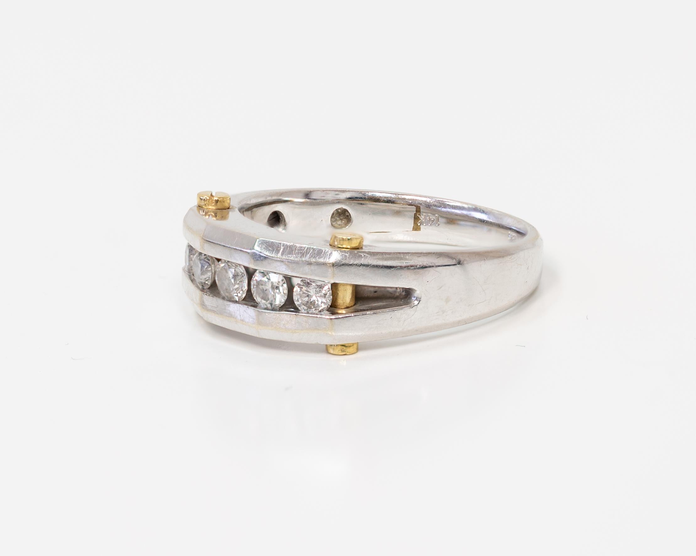 Round Cut 14K White Gold Men's Ring / Wedding Band with Diamonds & 18K Yellow Gold Details
