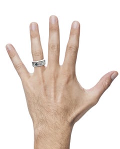 Men's 14K White Gold Ring with Princess Cut Diamond Row and Round Blue Sapphire