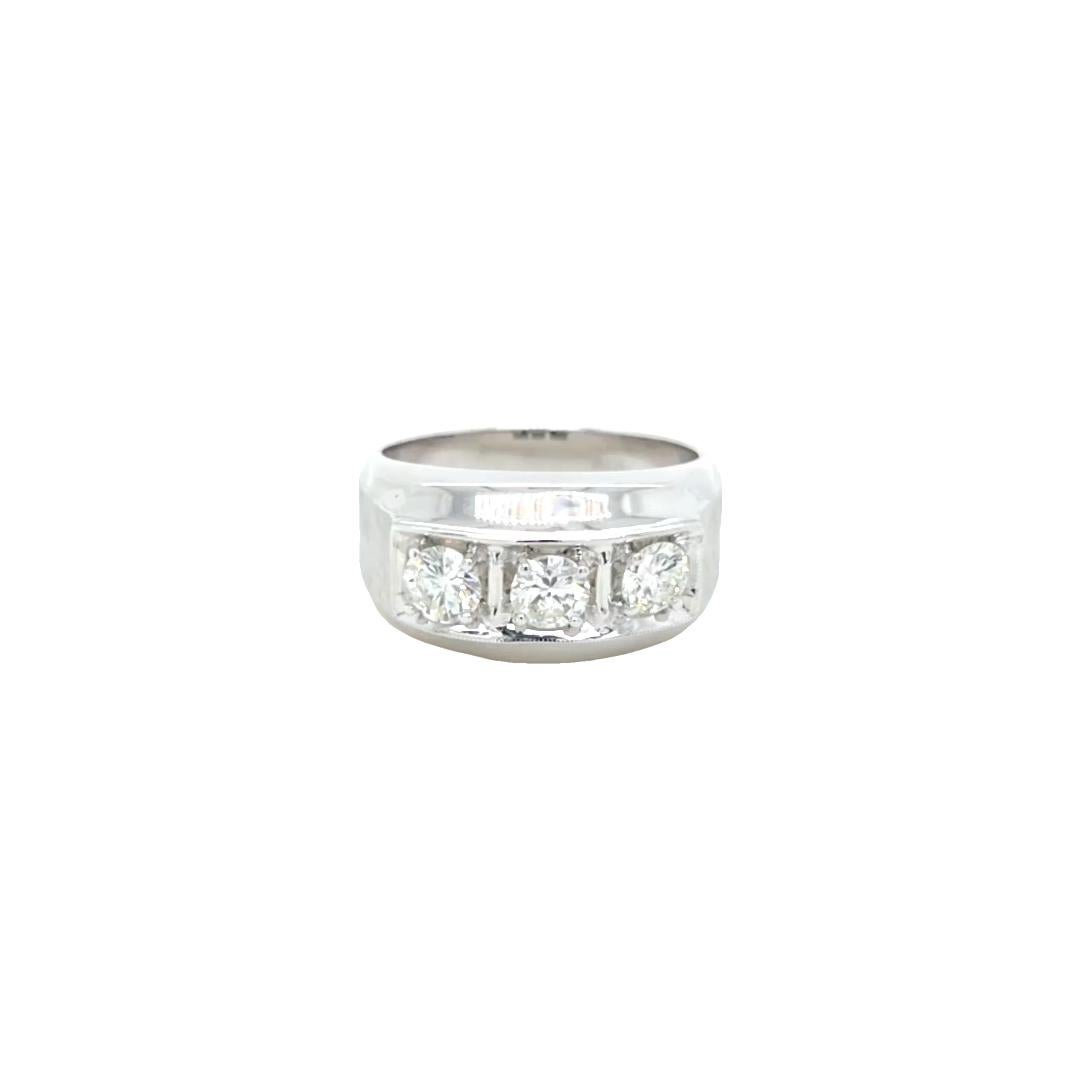 Brilliant Cut 14K White Gold Men’s Vintage 3-Stone Diamond Ring For Sale