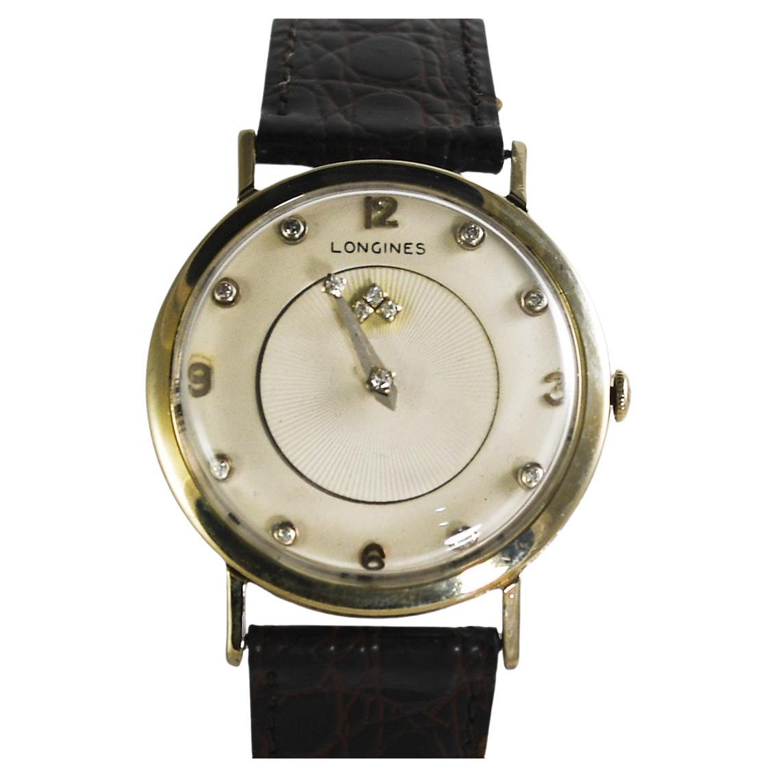 14K White Gold Men's Vintage Longines Diamond Dial Watch For Sale