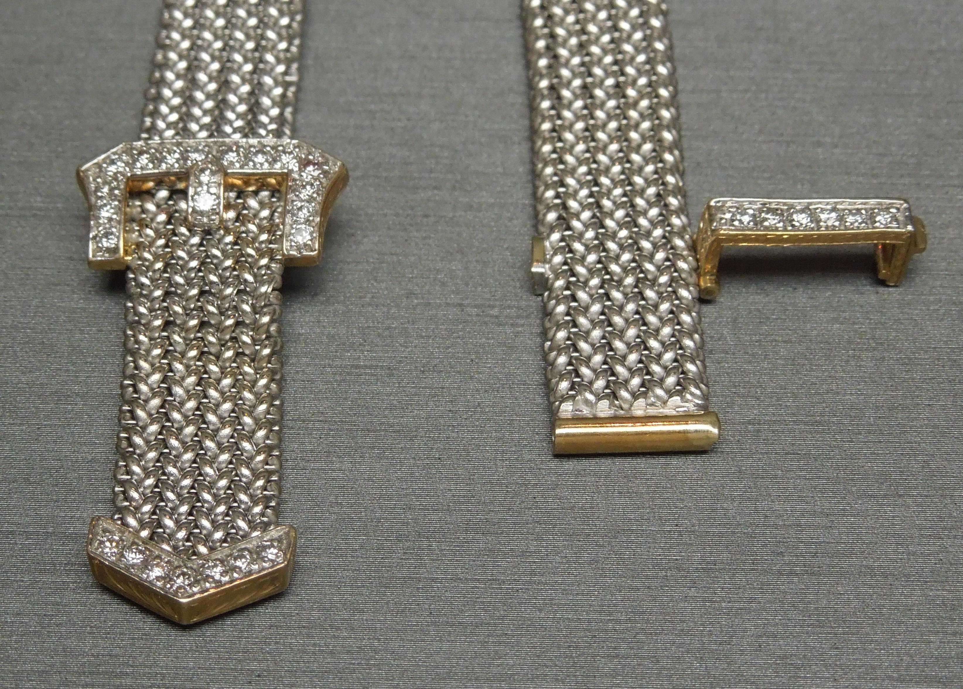 14 Karat White Gold Mesh Brilliant Diamond Buckle Bracelet For Sale 2