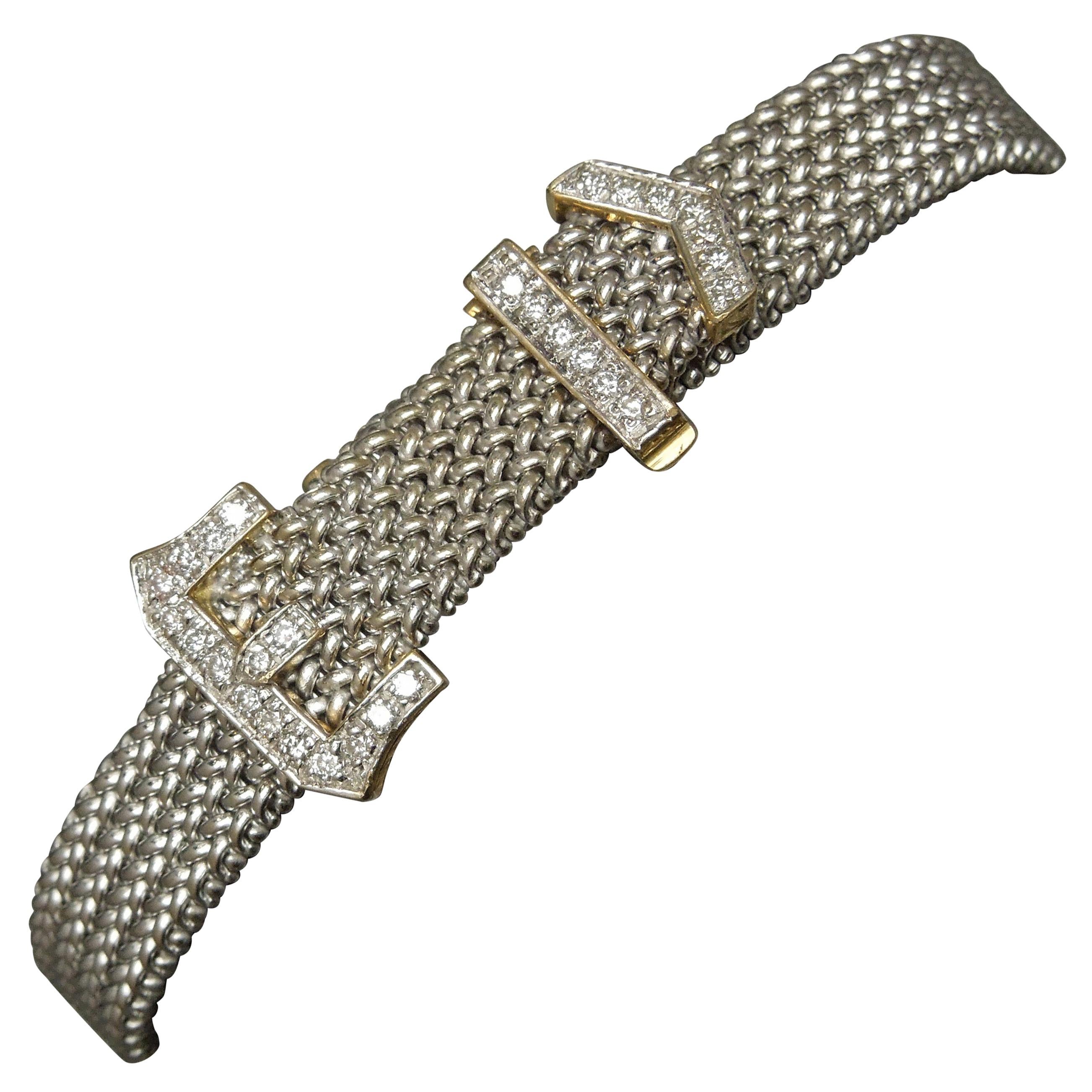 14 Karat White Gold Mesh Brilliant Diamond Buckle Bracelet