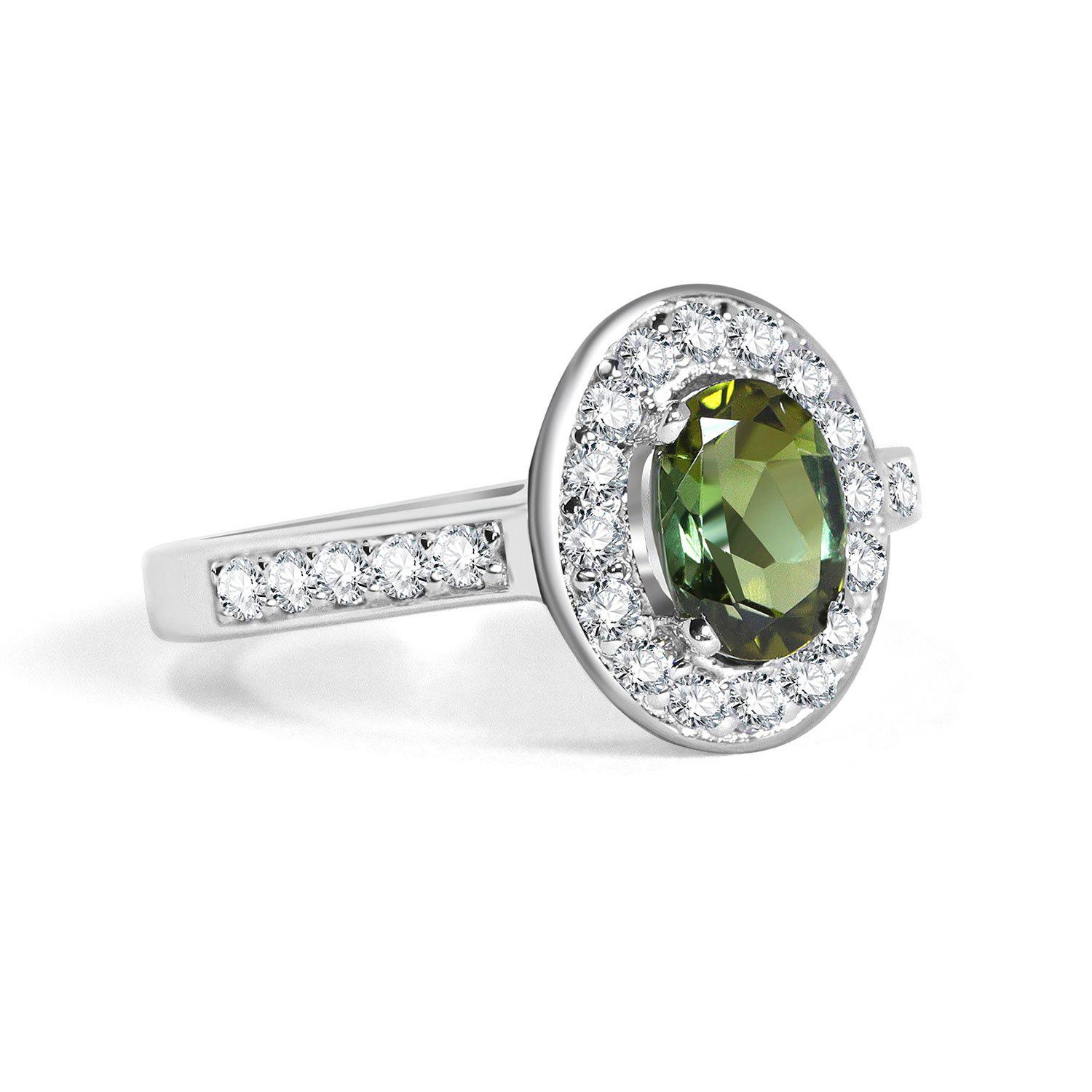 Im Angebot: 14k Weißgold Micropave funkelnder Halo Verlobungsring, Turmalin &amp; Diamant () 2