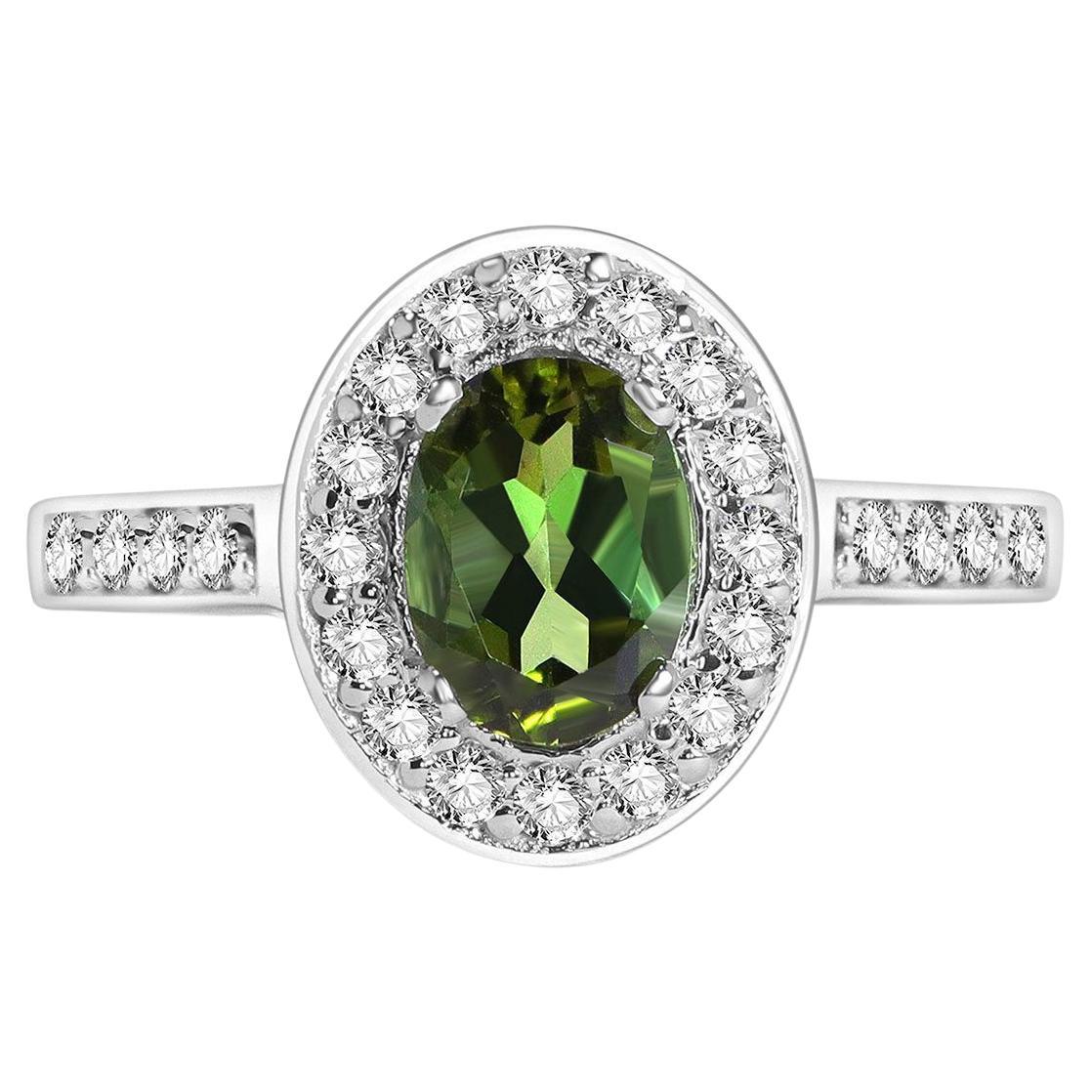 Bague de fiançailles en or blanc 14 carats avec halo scintillant en micropavé, tourmaline et diamant