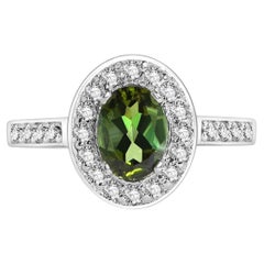 Bague de fiançailles en or blanc 14 carats avec halo scintillant en micropavé, tourmaline et diamant