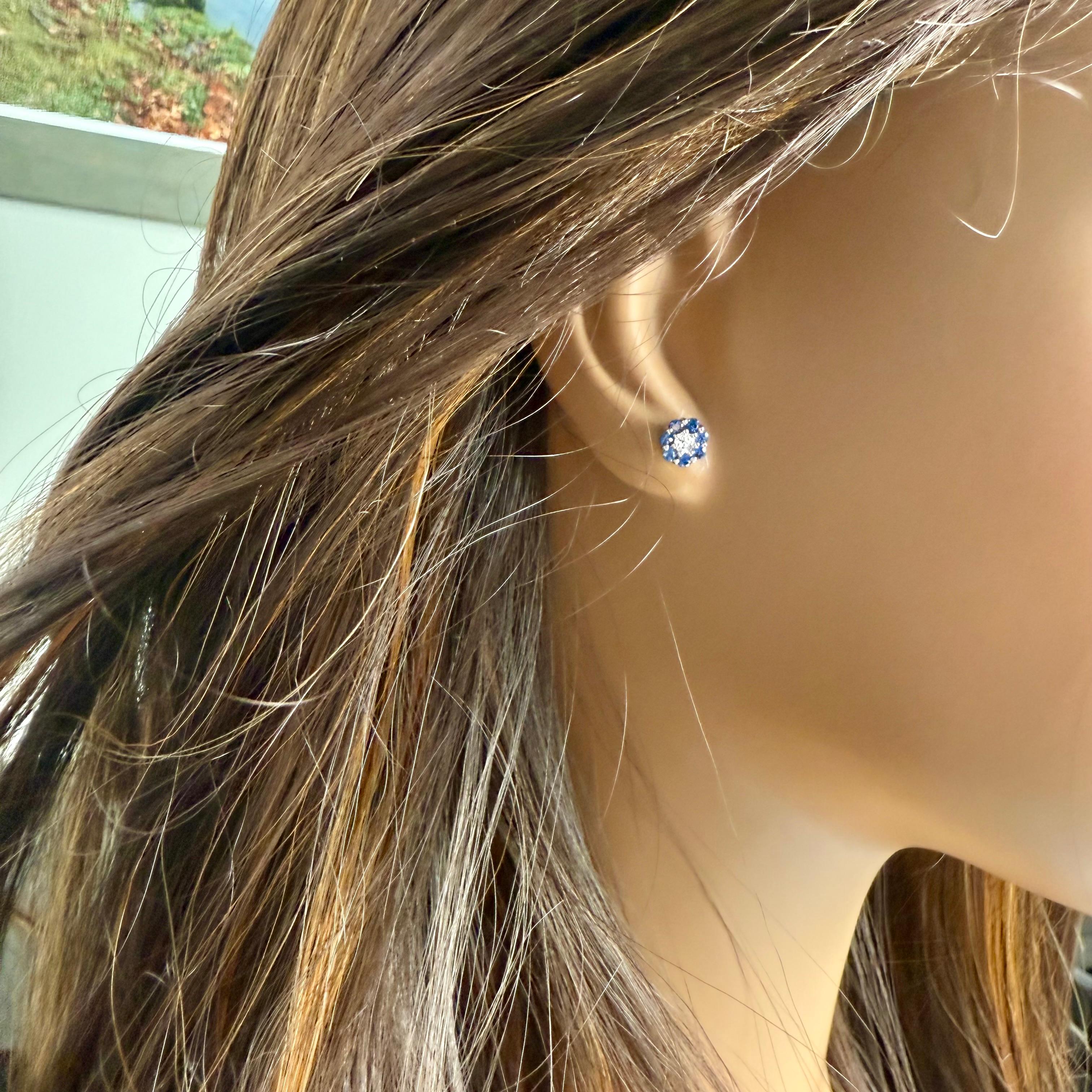 Round Cut 14K White Gold Mini Floral Sapphire and Diamond Min 0.25 Inch Stud Earrings For Sale