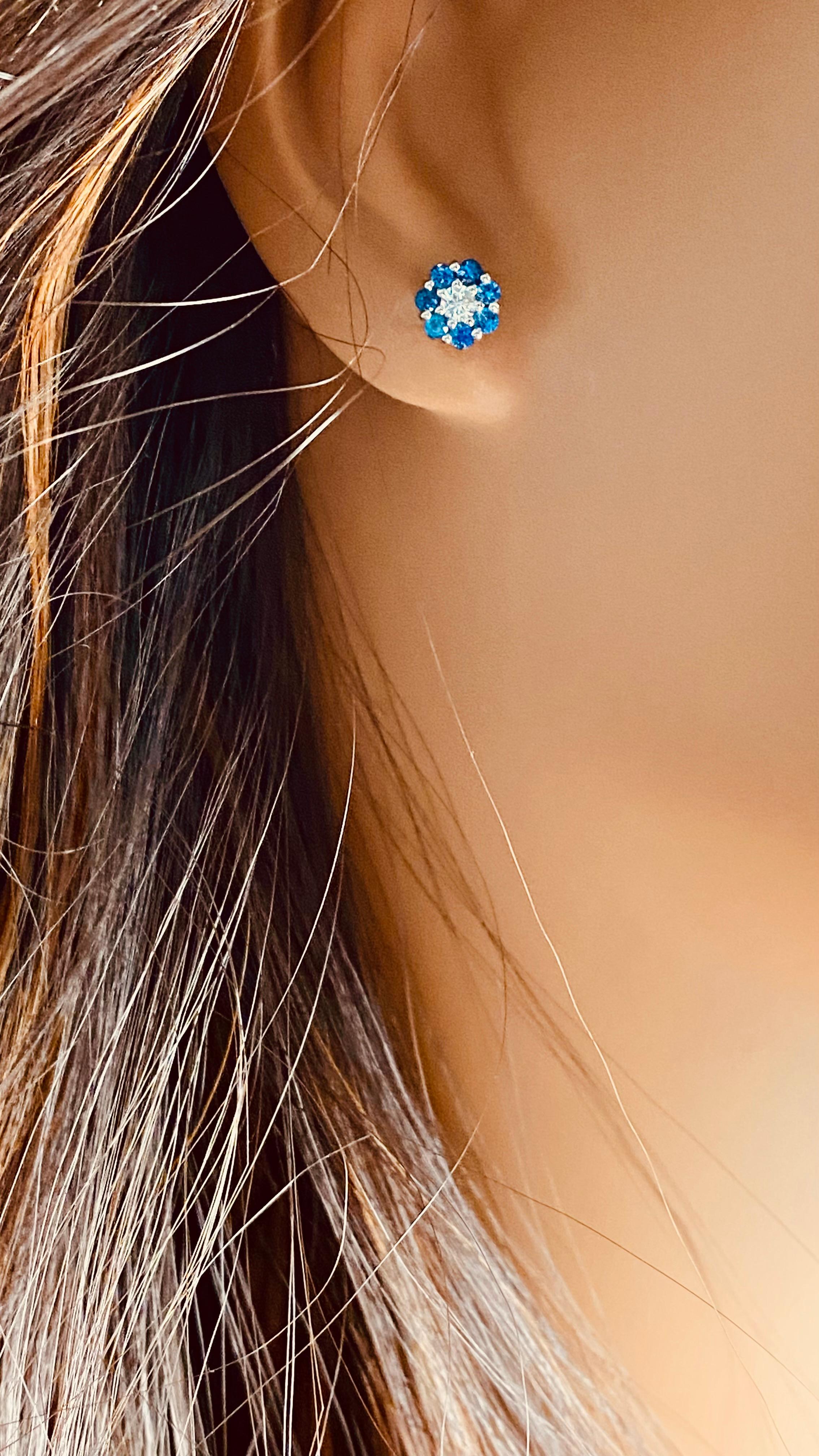 Women's or Men's 14K White Gold Mini Floral Sapphire and Diamond Min 0.25 Inch Stud Earrings For Sale