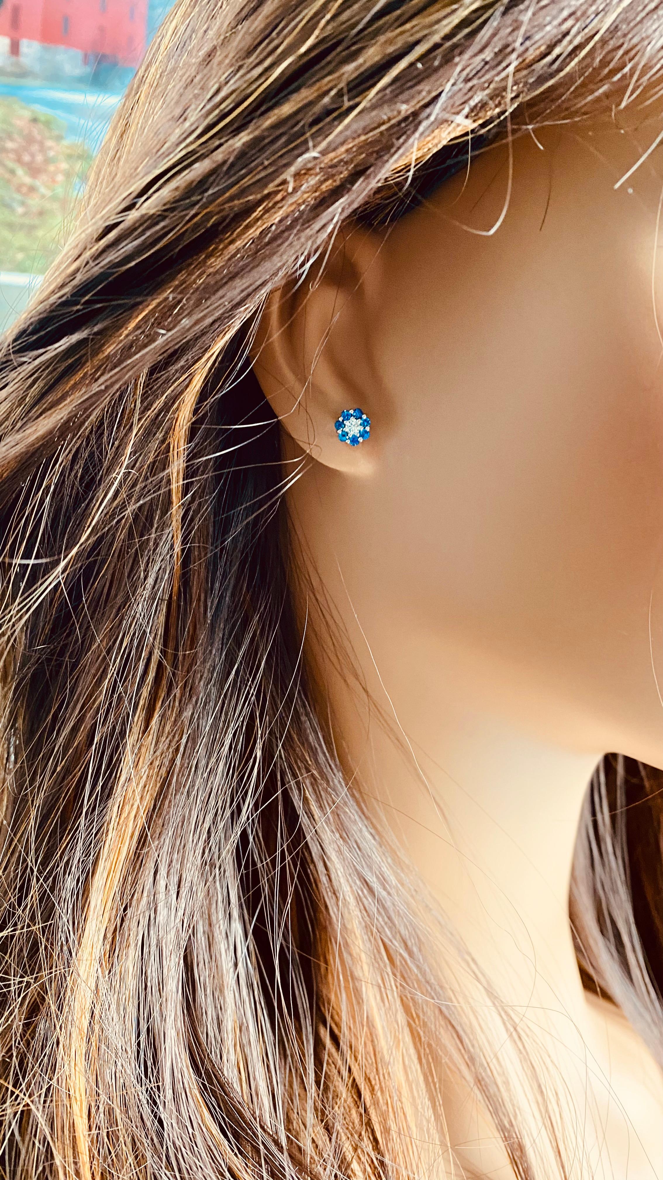 14K White Gold Mini Floral Sapphire and Diamond Min 0.25 Inch Stud Earrings For Sale 1