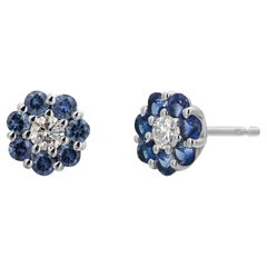 14K Weißgold Mini-Ohrstecker mit Mini-Blumensaphir und Diamant Min 0,25 Zoll