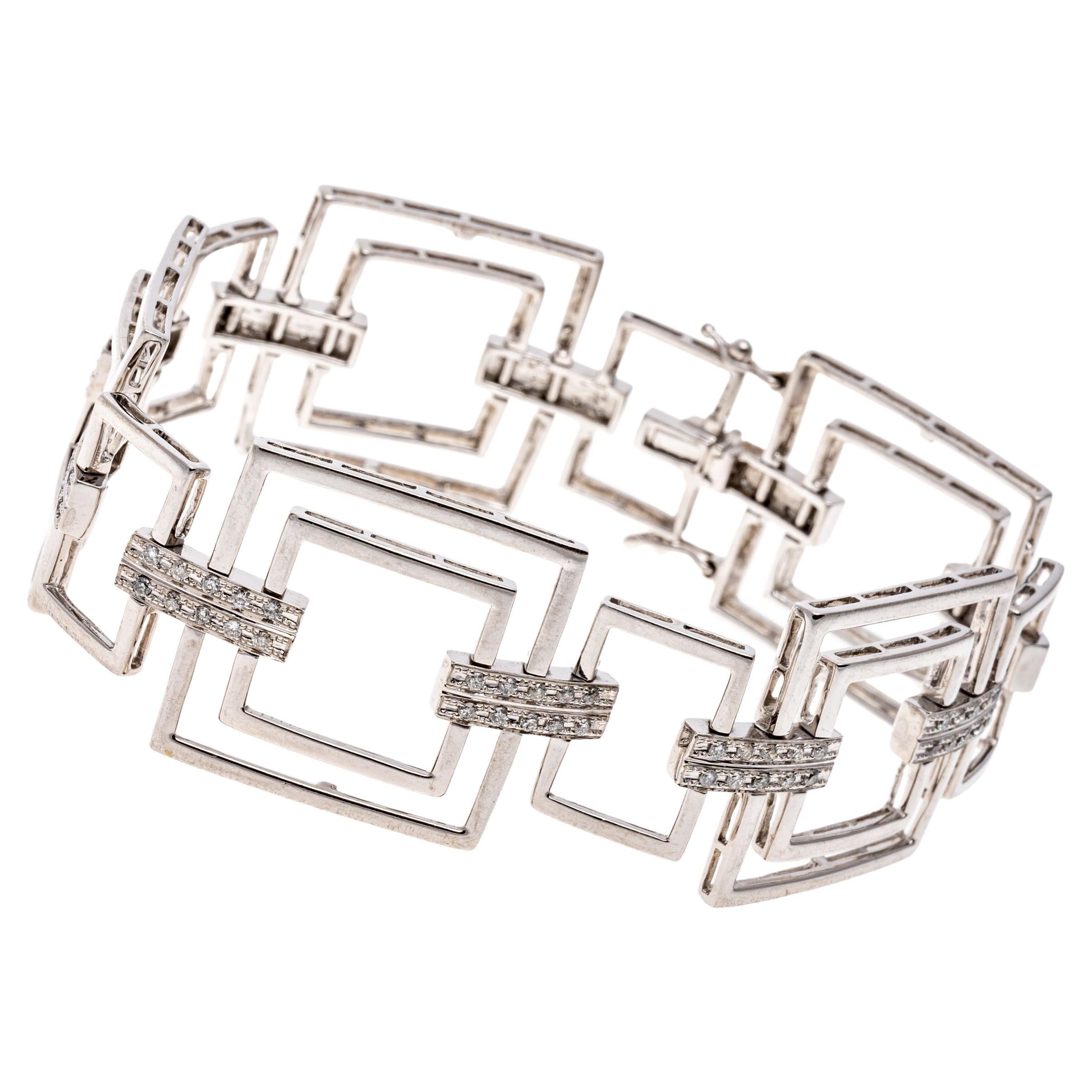 14k White Gold Mod Nesting Square And Diamond Link Bracelet, App. 0.51 TCW