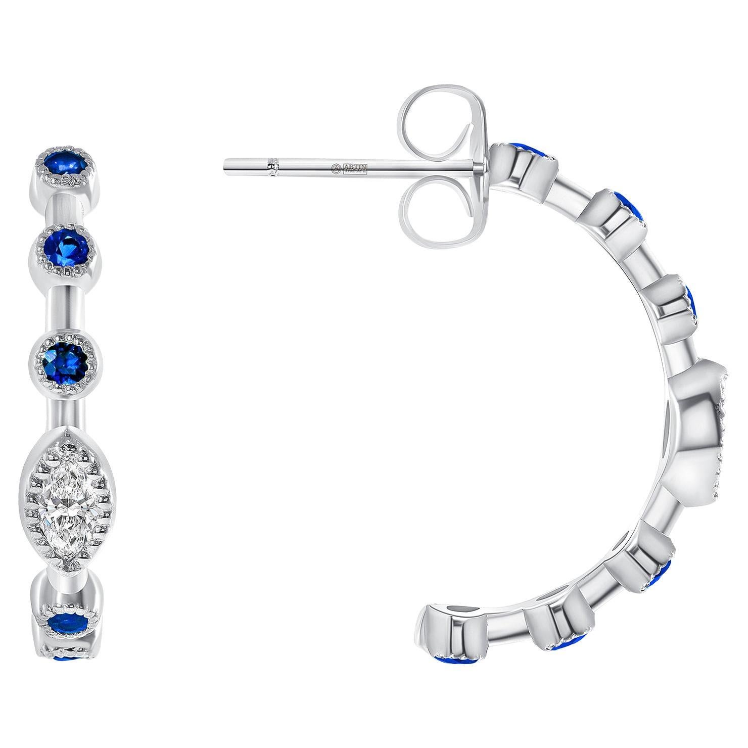 14K White Gold Modern Bezel Blue Sapphire & Marquise Diamond Half Hoop Earring For Sale