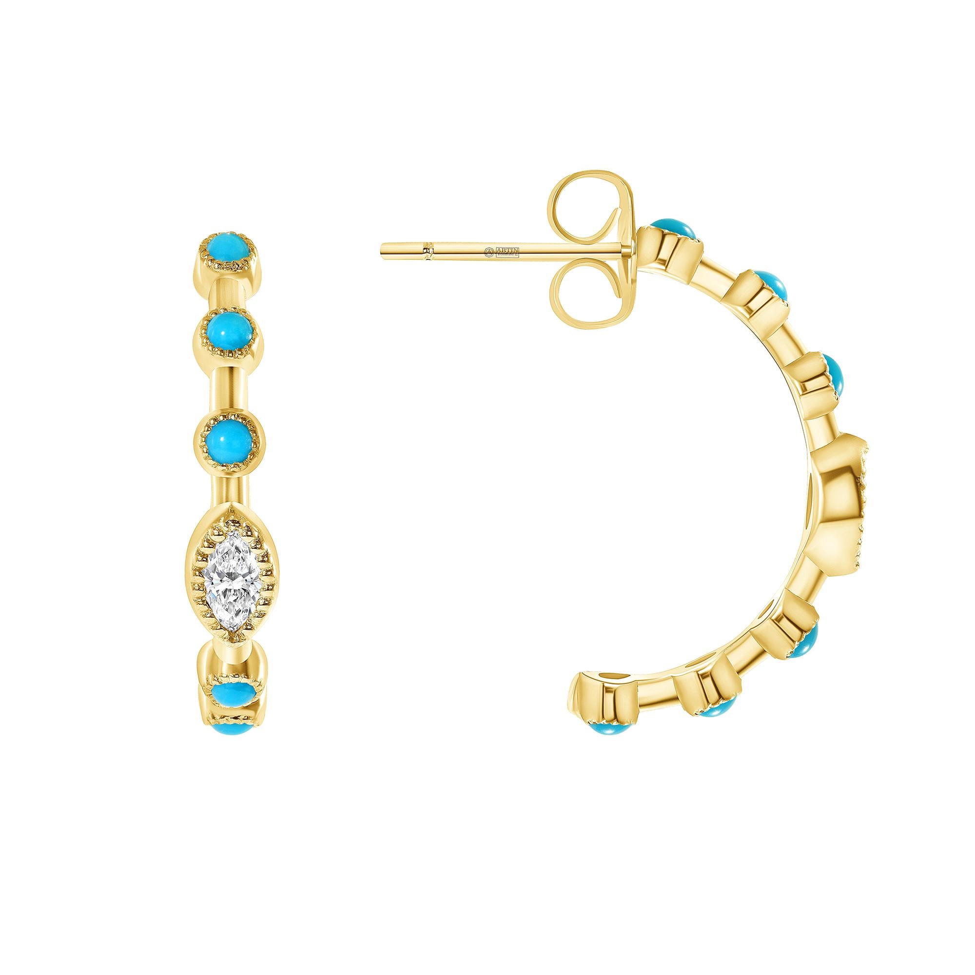  Enhance your style with this eye-catching hoop earring adorned with dazzling marquise diamonds complemented by glossy bezel-set turquoise gemstones in elegant 14K gold.
Gold Weight: 2.00 gr.
Diamond Weight: 0.16 ct
Turquoise: 0.35 ct
Available in