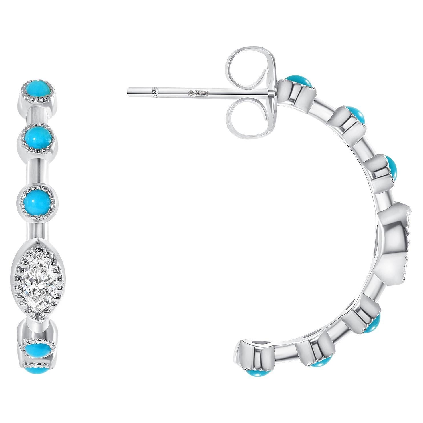 14K White Gold Modern Bezel Turquoise & Marquise Diamond Half Hoop Earring For Sale