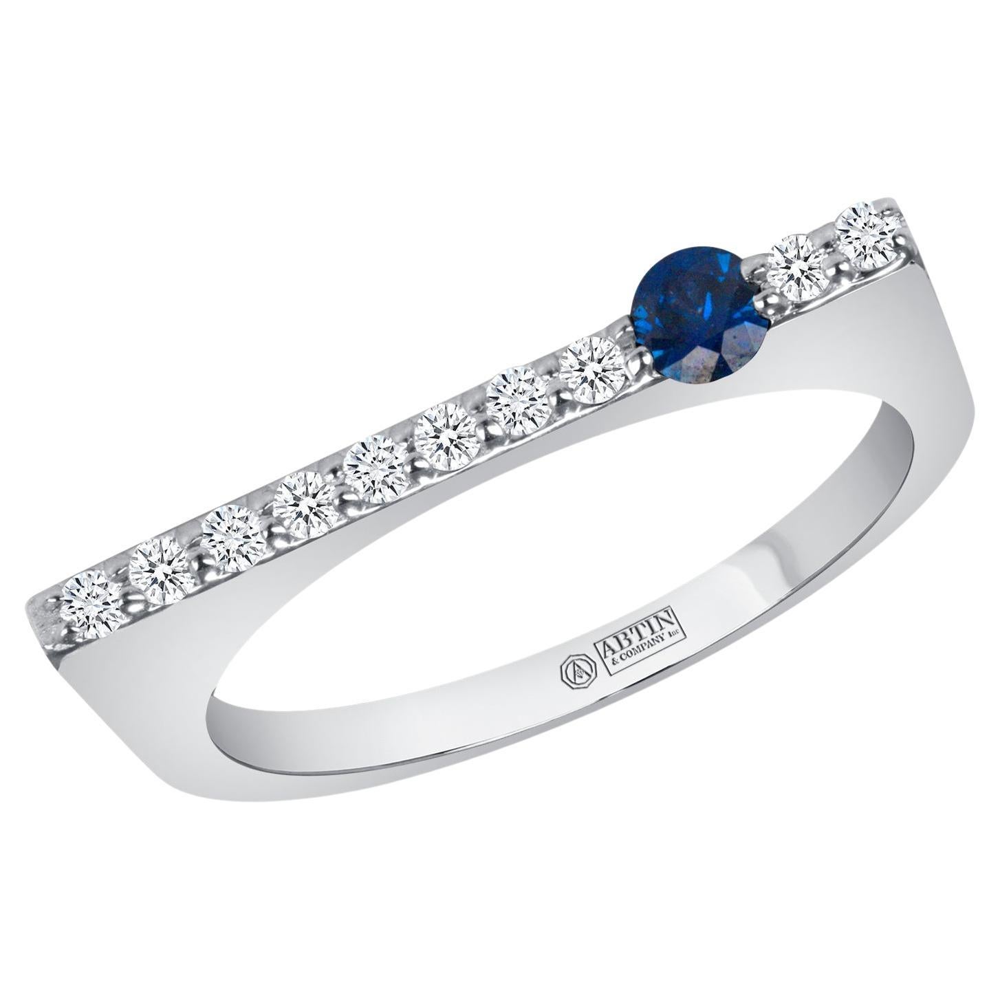 14K White Gold Modern Dainty Bar Diamond & Blue Sapphire Stackable Band Ring For Sale