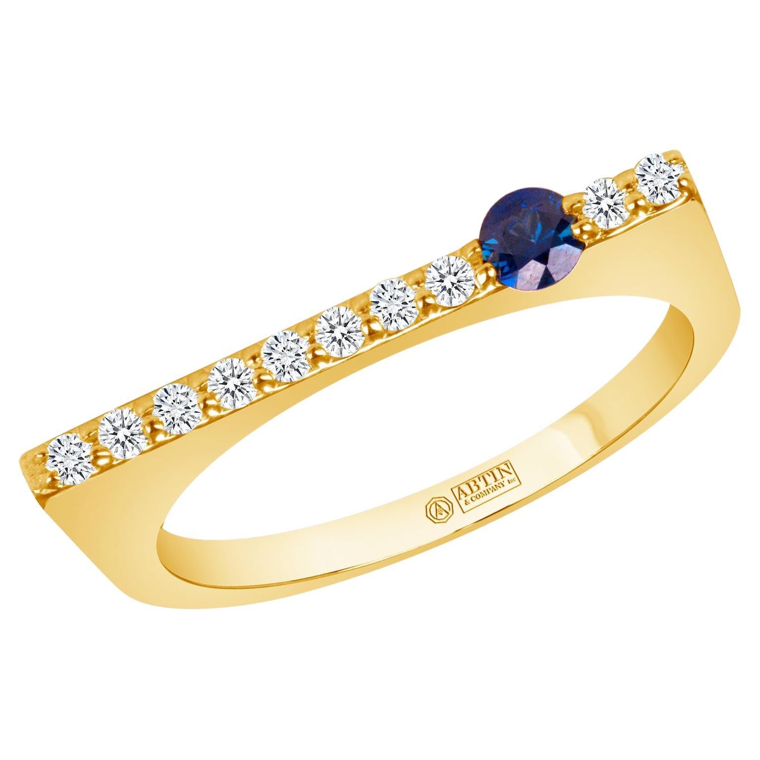 14K White Gold Modern Dainty Bar Diamond & Blue Sapphire Stackable Band Ring