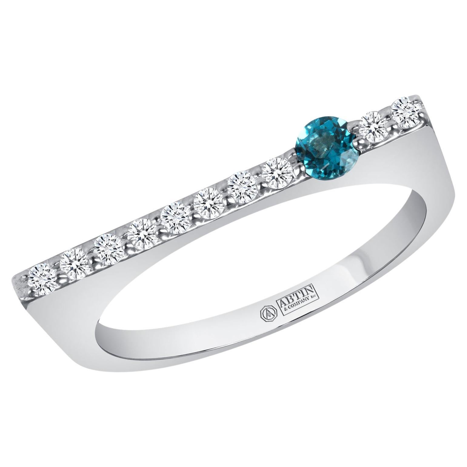 14K White Gold Modern Dainty Bar Diamond & London Blue Topaz Stackable Band Ring For Sale