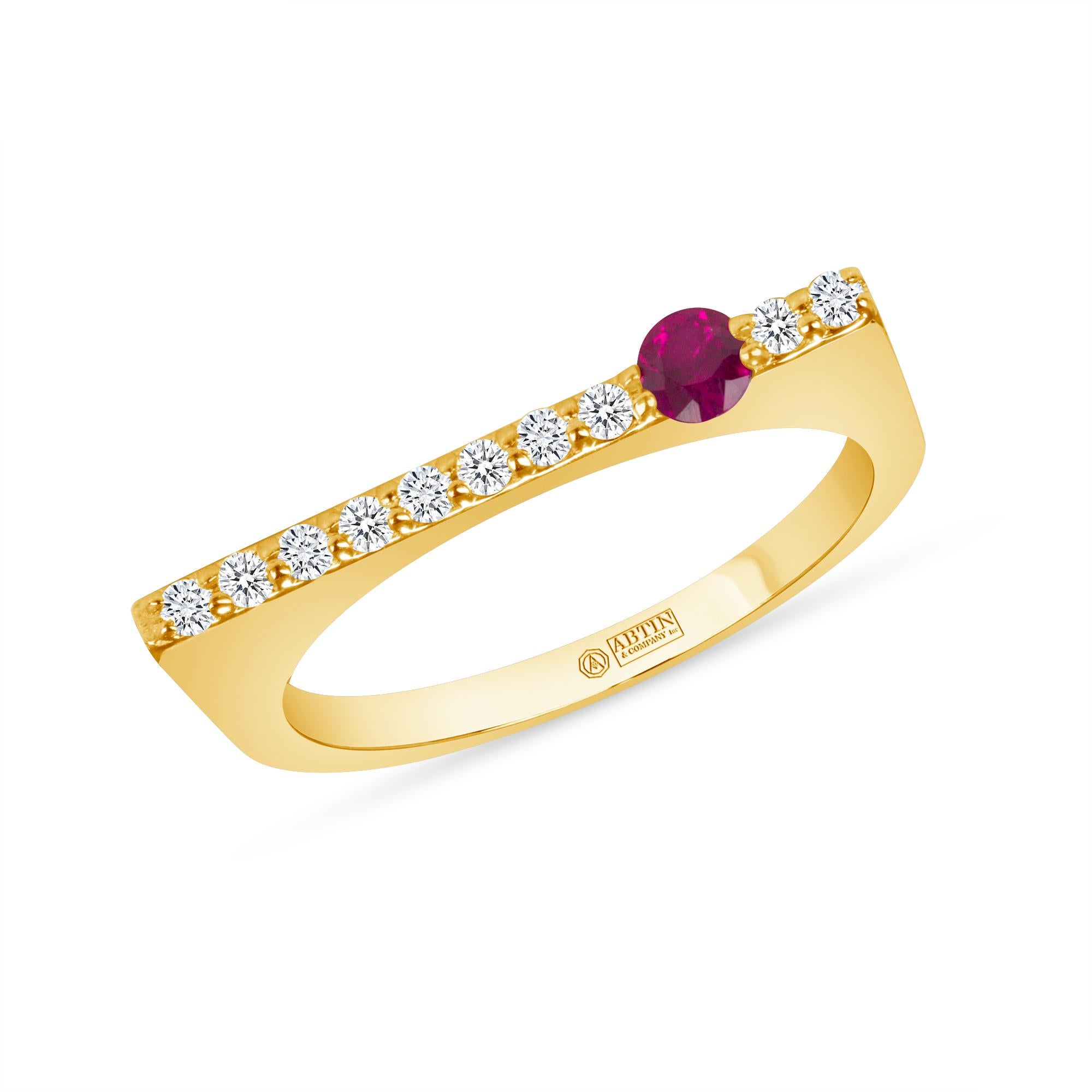 14K White Gold Modern Dainty Bar Diamond & Ruby Stackable Band Ring In New Condition For Sale In Los Angeles, CA