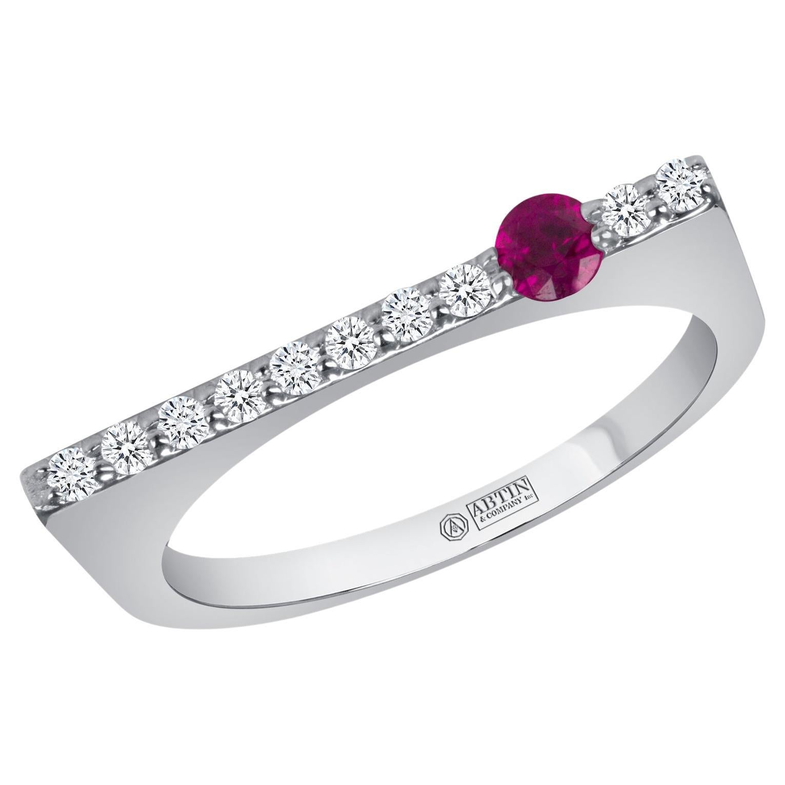 14K White Gold Modern Dainty Bar Diamond & Ruby Stackable Band Ring For Sale