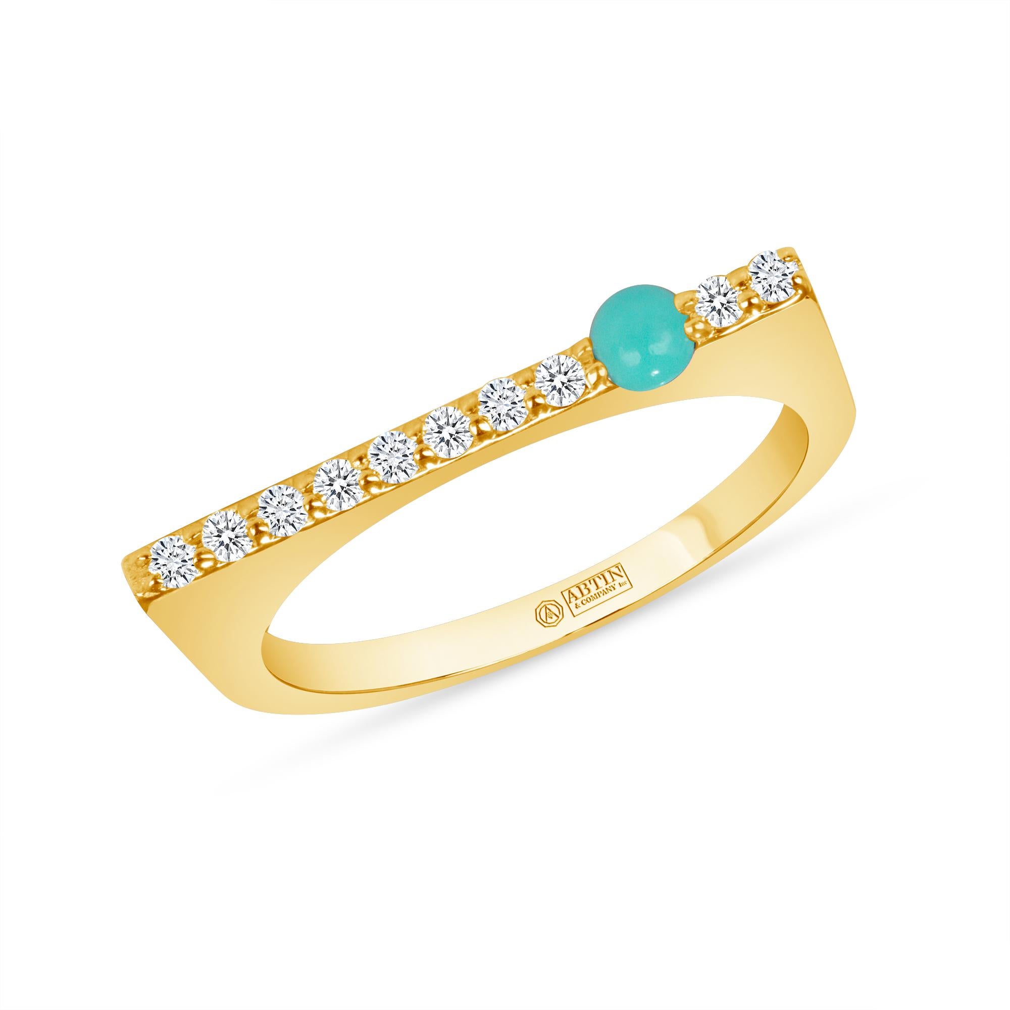 14K White Gold Modern Dainty Bar Diamond & Turquoise Stackable Band Ring In New Condition For Sale In Los Angeles, CA