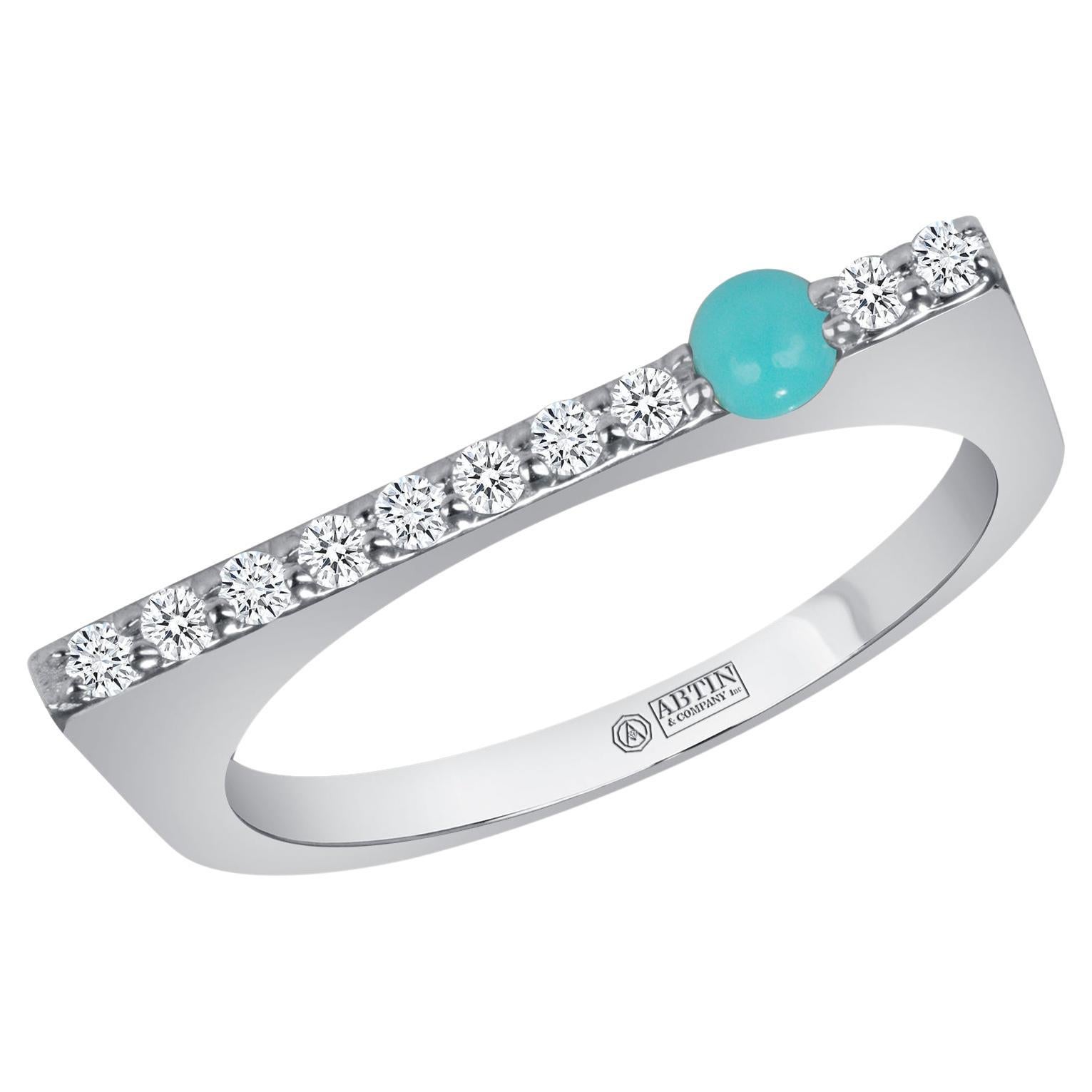 14K White Gold Modern Dainty Bar Diamond & Turquoise Stackable Band Ring For Sale