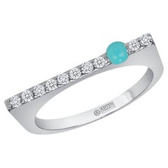 14K White Gold Modern Dainty Bar Diamond & Turquoise Stackable Band Ring