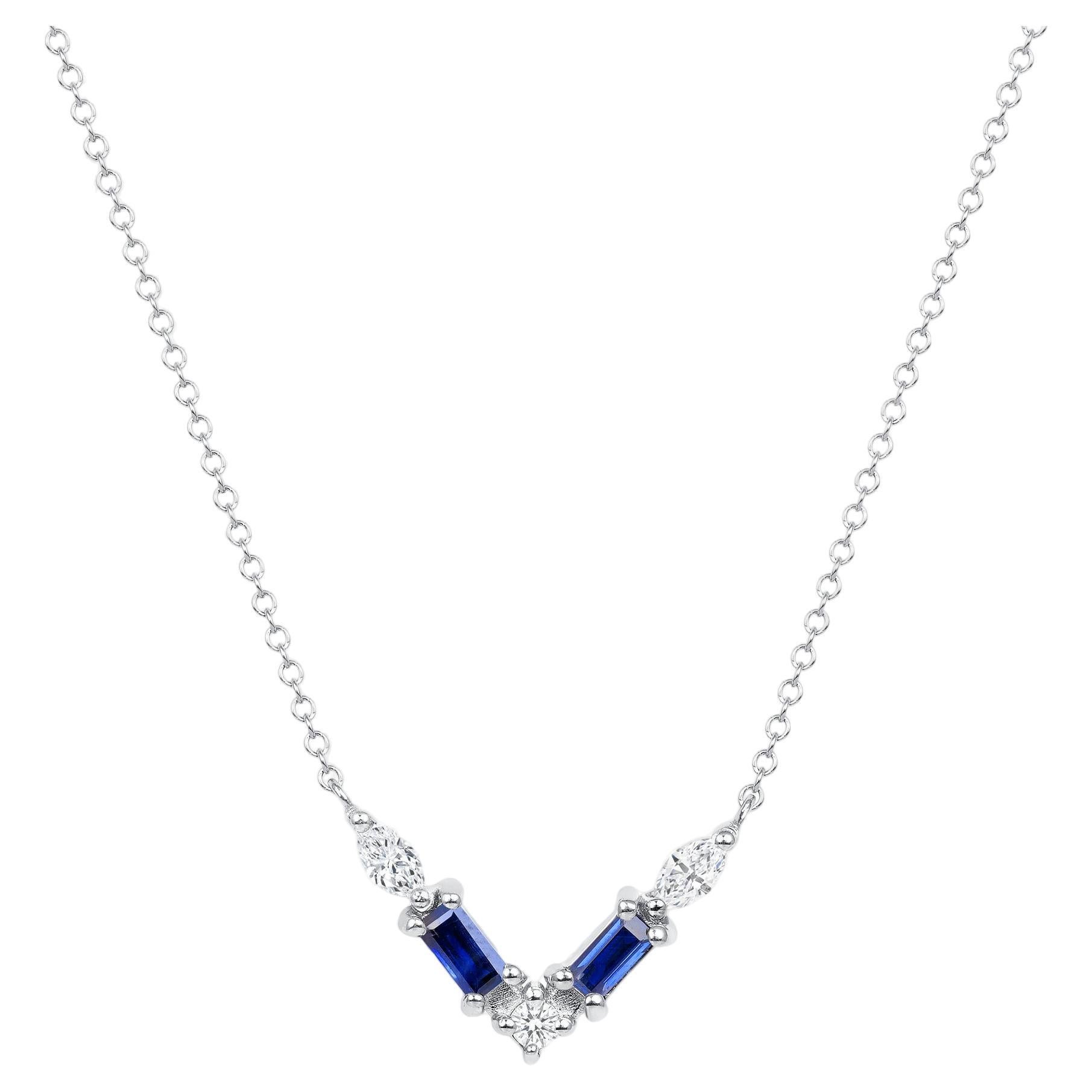Halskette mit Baguette-Anhänger, 14 Karat Weißgold Moderner Diamant & blauer Saphir im Angebot