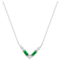 14K White Gold Modern Diamond & Emerald Baguette Pendant Necklace