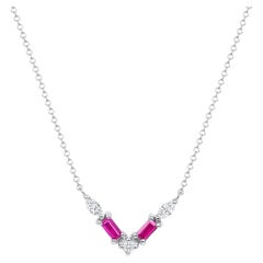 14K White Gold Modern Diamond & Pink Sapphire Baguette Pendant Necklace