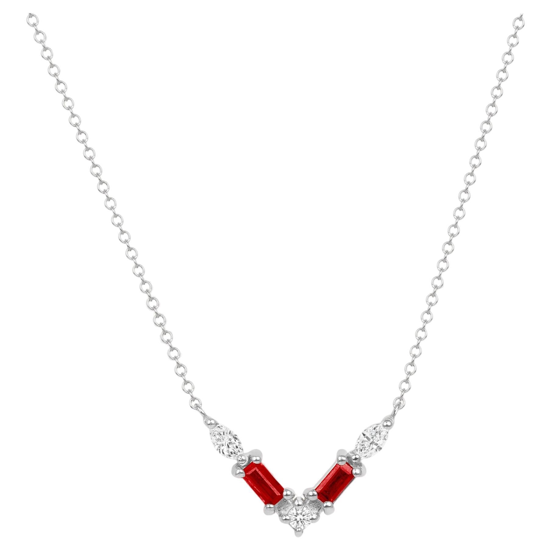 14K White Gold Modern Diamond & Ruby Baguette Pendant Necklace For Sale