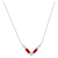 14K White Gold Modern Diamond & Ruby Baguette Pendant Necklace