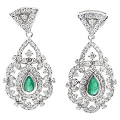 14K White Gold Modern Vintage Inspired Emerald & Diamond Earrings