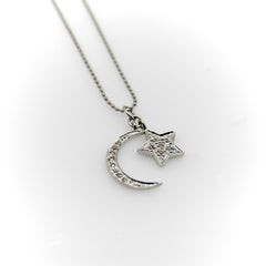 14K White Gold Moon and Star Diamond Necklace